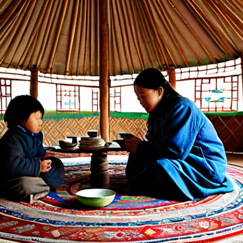 Home 11 A serene scene inside a traditional Mongolian 'ger' (yurt), featuring a nomadic family, fully clothed in modest, authentic Mongolian attire. A man and a woman are seated on traditional rugs around a low table, perhaps sipping tea from bowls, while a child quietly plays nearby. The circular structure of the ger is visible, with warm, soft light filtering in from the top, highlighting the practical yet cozy interior with traditional wooden supports and colorful textiles. The atmosphere is peaceful and inviting, showcasing genuine nomadic hospitality. Safe for work, appropriate content, fully clothed, family-friendly, perfect anatomy, correct proportions, natural pose, well-formed hands, proper finger count, natural body proportions, professional photography, high quality, studio lighting.
