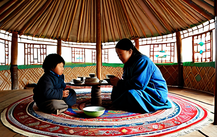 A serene scene inside a traditional Mongolian 'ger' (yurt), featuring a nomadic family, fully clothed in modest, authentic Mongolian attire. A man and a woman are seated on traditional rugs around a low table, perhaps sipping tea from bowls, while a child quietly plays nearby. The circular structure of the ger is visible, with warm, soft light filtering in from the top, highlighting the practical yet cozy interior with traditional wooden supports and colorful textiles. The atmosphere is peaceful and inviting, showcasing genuine nomadic hospitality. Safe for work, appropriate content, fully clothed, family-friendly, perfect anatomy, correct proportions, natural pose, well-formed hands, proper finger count, natural body proportions, professional photography, high quality, studio lighting.