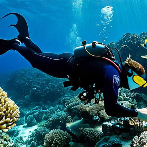 Home 6 **Prompt for image focusing on marine life:**
A professional diver, fully clothed in a modest, dark blue and black wetsuit, gracefully exploring a vibrant coral reef in the crystal-clear, sun-dappled waters of Papua New Guinea. The scene is teeming with colorful tropical fish, healthy hard and soft coral formations, and a majestic manta ray swimming calmly in the mid-ground. The diver's pose is natural, showcasing perfect anatomy, correct proportions, well-formed hands, and proper finger count. The image captures the serene beauty of the underwater world with professional underwater photography quality, high detail, and natural lighting. This is a safe for work, appropriate content, fully clothed, family-friendly image.