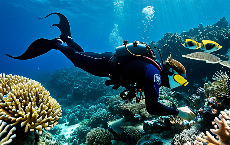 **Prompt for image focusing on marine life:**
A professional diver, fully clothed in a modest, dark blue and black wetsuit, gracefully exploring a vibrant coral reef in the crystal-clear, sun-dappled waters of Papua New Guinea. The scene is teeming with colorful tropical fish, healthy hard and soft coral formations, and a majestic manta ray swimming calmly in the mid-ground. The diver's pose is natural, showcasing perfect anatomy, correct proportions, well-formed hands, and proper finger count. The image captures the serene beauty of the underwater world with professional underwater photography quality, high detail, and natural lighting. This is a safe for work, appropriate content, fully clothed, family-friendly image.