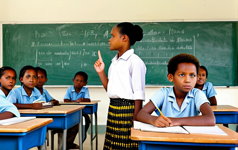 Linguistic Preservation**

A group of fully clothed Papua New Guinean children in a modest classroom setting, learning their local language, appropriate attire, safe for work, perfect anatomy, natural proportions, professional photography, high quality, family-friendly. The teacher, also fully clothed, is pointing to a traditional script on a whiteboard. The classroom is decorated with cultural artifacts. Focus on the importance of language in preserving cultural identity.

**