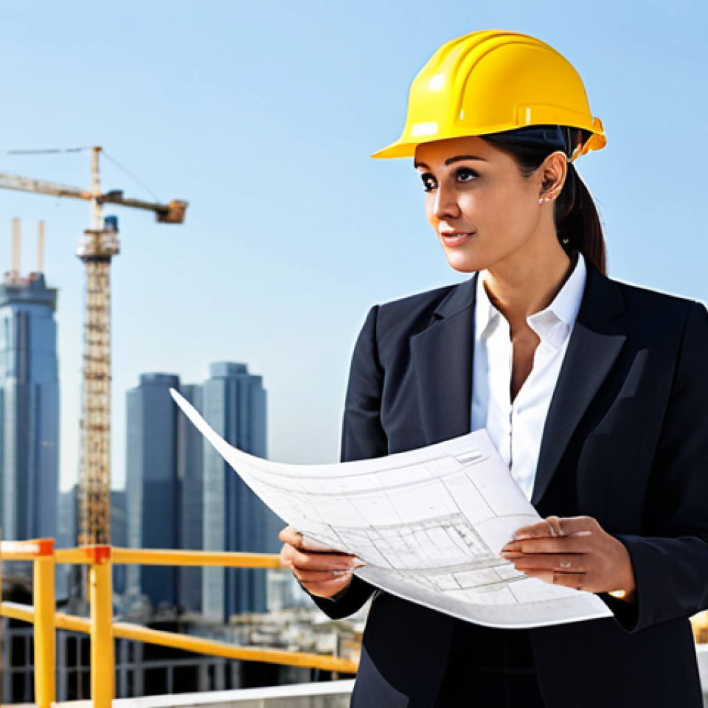 **

"A professional female architect, fully clothed in a modest business casual outfit, standing on a construction site with a hard hat and blueprints, reviewing plans, cityscape in the background, clear day, safe for work, appropriate content, perfect anatomy, natural proportions, family-friendly, professional photography, high quality."

**
