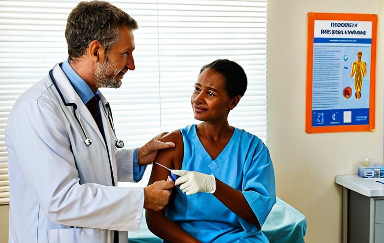 Vaccination Scene**

"A friendly doctor administering a vaccine to a fully clothed traveler preparing for a trip to Madagascar, inside a bright and clean clinic, medical posters in the background, safe for work, appropriate content, professional medical setting, perfect anatomy, correct proportions, professional, fully clothed, modest attire."

**