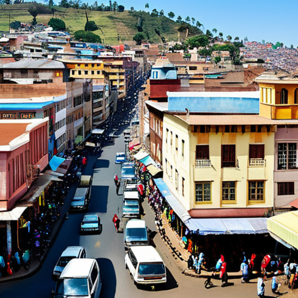 Antananarivo Cityscape**

"A bustling street scene in Antananarivo, Madagascar, featuring colorful buildings and local markets, fully clothed people in traditional attire, daytime, appropriate content, safe for work, perfect anatomy, natural proportions, professional photography, high quality."

**