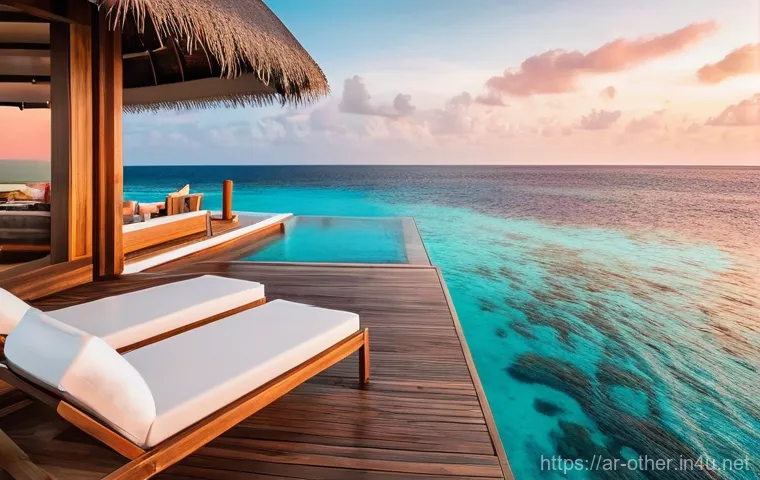 몰디브 올인클루시브 리조트 추천 - **Luxurious Overwater Villa Retreat:** A stunning aerial view of a luxurious, elegantly designed ove...