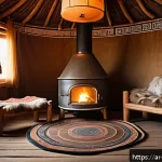 몽골 게르 숙박 체험기 - A traditional Mongolian ger interior scene during the evening, featuring a round wooden frame covere...