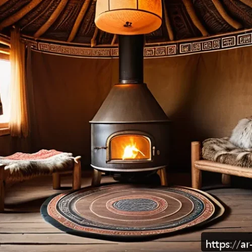몽골 게르 숙박 체험기 - A traditional Mongolian ger interior scene during the evening, featuring a round wooden frame covere...
