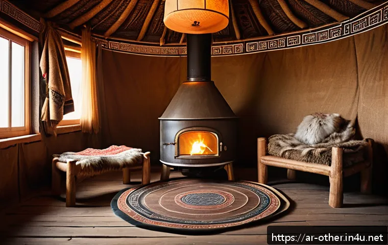 몽골 게르 숙박 체험기 - A traditional Mongolian ger interior scene during the evening, featuring a round wooden frame covere...
