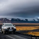 아이슬란드 자동차 렌트 시 주의사항 - A rugged 4x4 SUV parked on a gravel volcanic road in Iceland during a cloudy day, surrounded by blac...