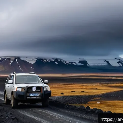 아이슬란드 자동차 렌트 시 주의사항 - A rugged 4x4 SUV parked on a gravel volcanic road in Iceland during a cloudy day, surrounded by blac...