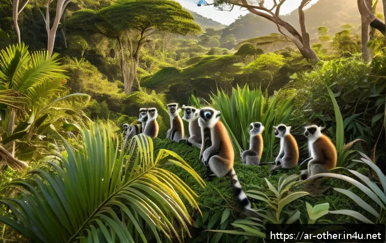 마다가스카르 국립공원 투어 팁 - A vibrant scene of Madagascar&rsquo;s national park during the dry season, showcasing a diverse group of a...