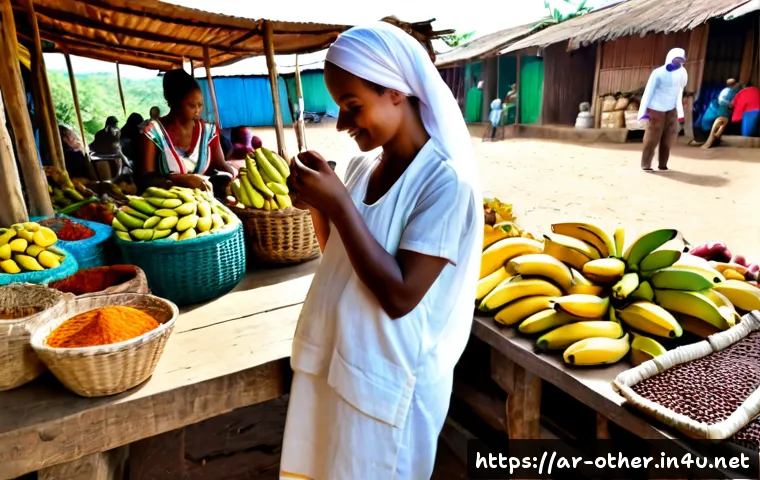 마다가스카르 로컬 시장에서 쇼핑하기 - Photorealistic morning scene at a vibrant Madagascar local market, modestly dressed Arab woman trave...