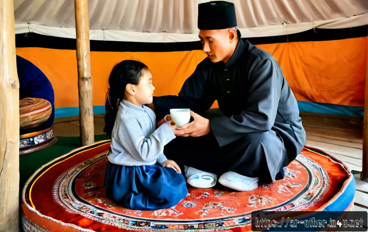 몽골 현지인과의 문화 차이 - Photorealistic cultural exchange scene inside a traditional Mongolian ger, a Mongolian host in a dee...